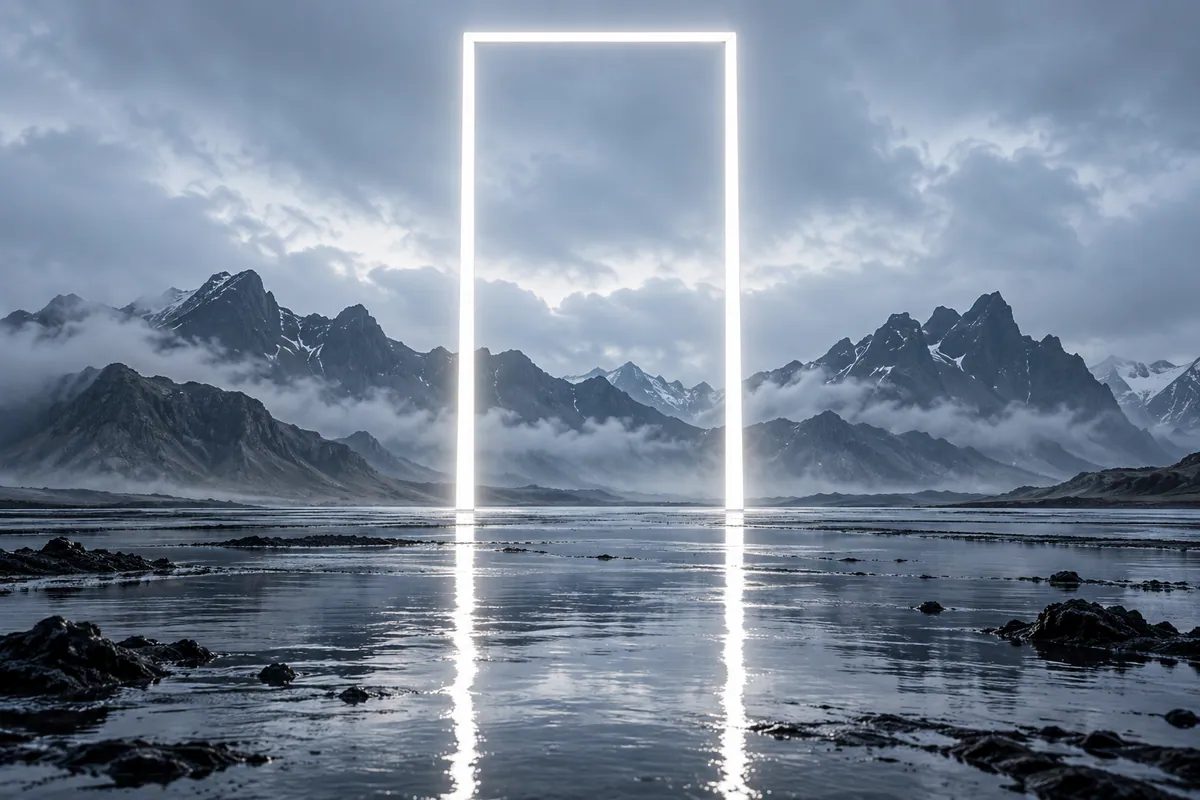 Un portal luminoso se refleja sobre el agua entre montañas volcánicas.
