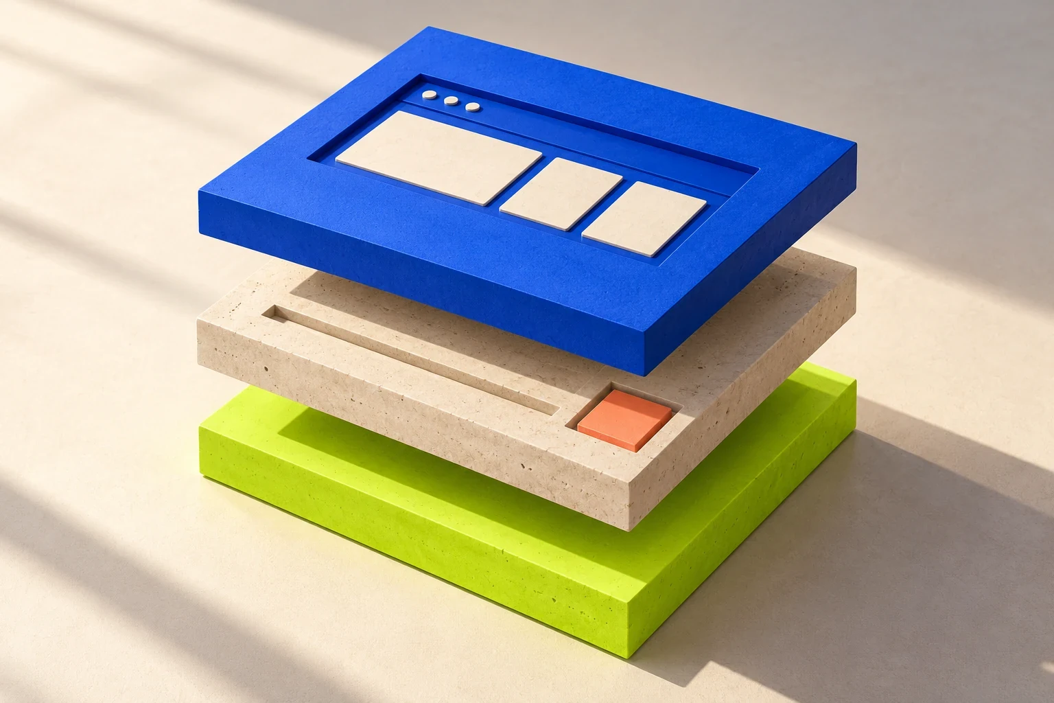 Tres placas separadas en azul, piedra clara y verde lima; la superior representa una ventana de navegador.